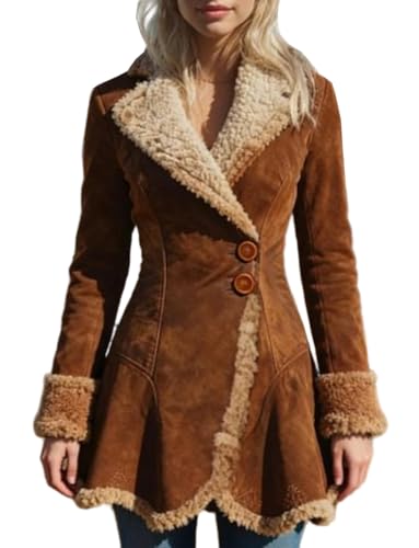 Image of HrreBro Long Faux Suede Jacket Women 2025 Fall Winter Peacoat Casual Fleece Sherpa Lined Fur Leather Jacket Coat Overcoat, Brown, XXL