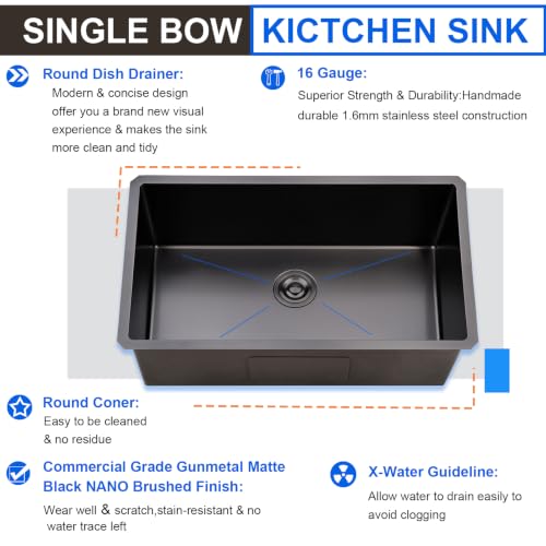 Image of 28 Inch Undermount Kitchen Sink Black, 28x18 Under Mount Gunmetal Black Stainless Steel 16 Gauge 9 Inch Deep Single Bowl Kitchen Sink with Strainer