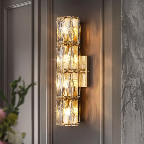 Crystal Wall Sconces Lighting, Modern Gold Wall Light Fixture, Elegant Vanity Wall Lighting Mount for Living Room Bedroom Bathroom Crystal Vanity Light Fixture for Indoor Hallway Doorway Stairway by Kaiyuan - Used condition - US$119.99