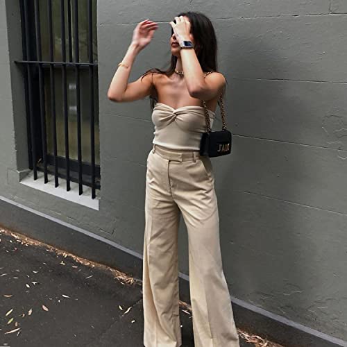 Women Sexy Strapless Tube Tops Sleeveless Stretchy Solid Hollow Out Crop Top Summer Streewear Tank Top (B-Apricot, S) #TOP1
