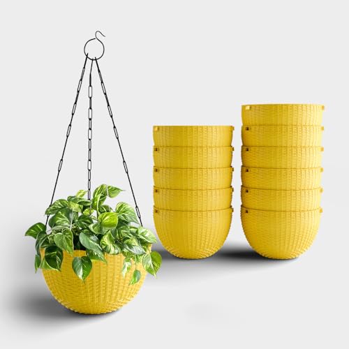 Image of YUCCABE ITALIA SHERA URO-Basket Plastic Flower Pot, Yellow, 8 Inch | 12 Pieces, Drainage Holes, Round Planter, Indoor Outdoor Suitable