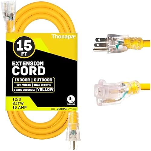 Thonapa 12 Gauge Extension Cord 15 Ft Outdoor - 12/3 Heavy Duty, 3 Prong