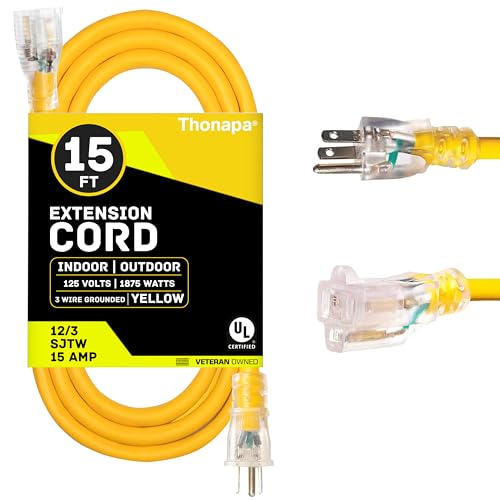 Thonapa Lighted Outdoor Extension Cord 15 ft - 12 Gauge 15 Amp Heavy Duty Power Extension Cords - SJTW - Great for Major Appliances, Power Tools, Garden Supplies - Yellow