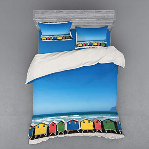 Ambesonne Travel Bedding Set, Colorful Bathhouses at Muizenberg Cape Town South Africa Standing in a Row Touristic, 4 Piece Duvet Cover Set with Shams and Fitted Sheet, Queen Size, Multicolor