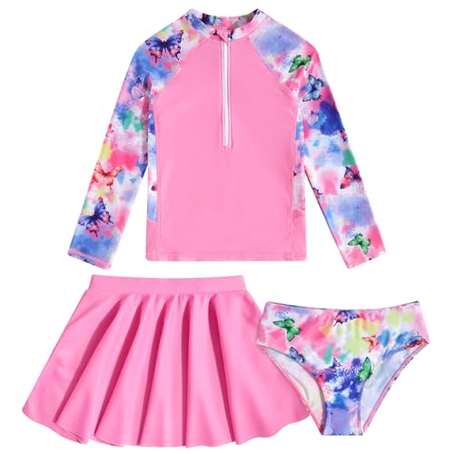 Image of Girls Rash Guard 3 Piece Swimsuit Set UPF 50+ Long Sleeve Swim Skirt Sets Size 6-12 Years