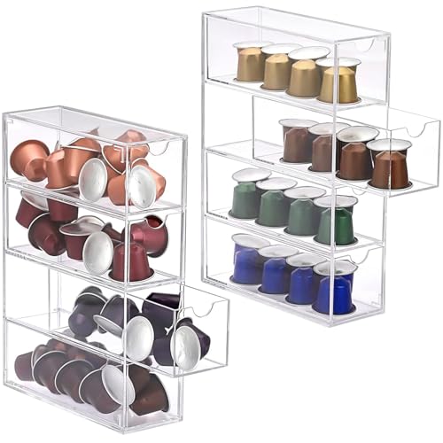 Juego de 2 cápsulas de café, soporte transparente para cápsulas de café, almacenamiento acrílico con 4 cajones, cápsulas de café de cocina y soporte para paquetes de azúcar con tapa, pequeño cajón