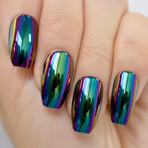 Ibeautying Press On Nails - Chrome Magic Mirror Effect Green Purple Holo False Nails | Metallic Punk Medium Coffin Reusable Wear Fake Nails In 10 Sizes - 24 Nail Kit With Jelly Glue Pad #TOP1