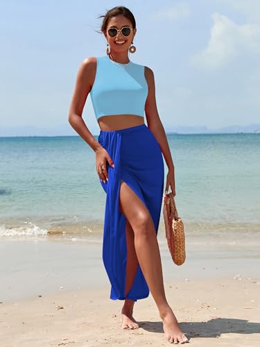 Image of ZAFUL Women's Casual Sleeveless Summer Two Piece Outfits Crop Top and Side Split Draped Ruched Maxi Skirt Set Solid Suiting