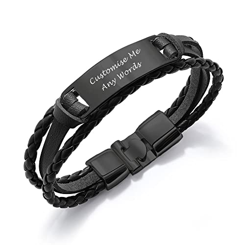 howson london Personalised Mens Bracelet Leather Engraved Bracelet Gift for Him | Customised Name, ID Identity, Birthday, Wedding, Christmas, Valentines Day, for Boyfriend, Father, Husband (Black)