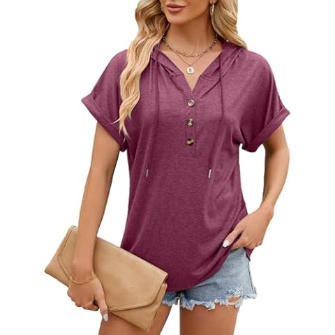 BarbedRose Women Summer Casual Short Sleeve Hoodies Button V Neck Drawstring Hooded Pullover Sweatshirts Tops,Soild Wine Red,XL Cover