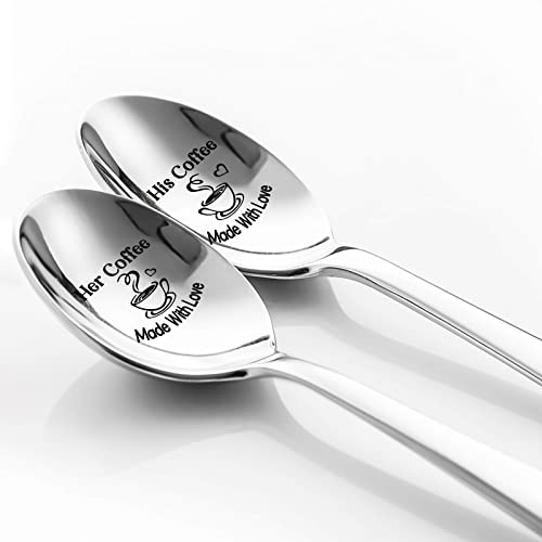 XQLZY Her Coffee His Coffee Engraved Spoon Set - Couples Spoons for Couples, Wedding, Anniversary, Valentine's Day Gifts, Housewarming Gifts, Coffee & Ice cream Spoons - Dishwasher Safe
