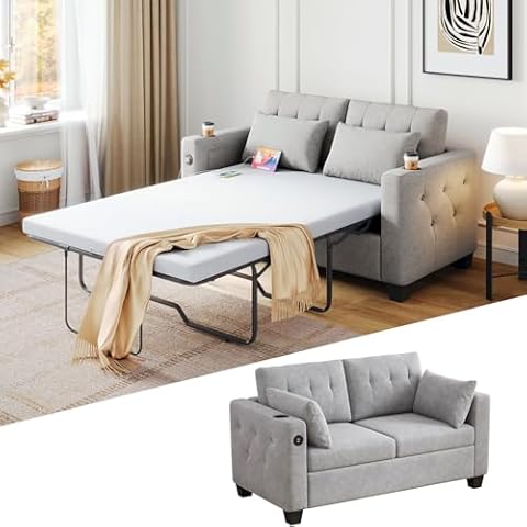 LINSY HOME Pull Out Sofa Bed - Queen Size Sleeper Sofa Bed Couch, Convertible Couch Bed with Memory Foam Mattress & Wood Bed Frame, Pullout Loveseat Couch Bed for Living Room Apartment Office (Grey) Cover