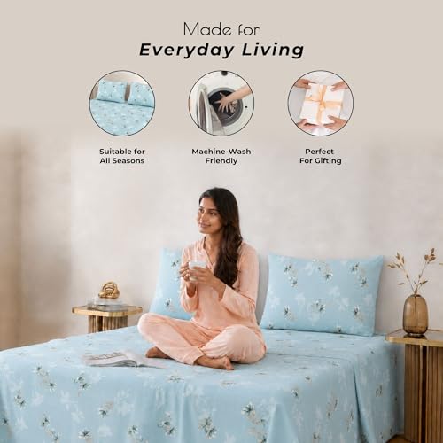 Image of Cotton King Size Bedsheet 104x108 Super King, 100% Pure Cotton Bed Sheet with 2 Pillow Covers, 240 TC Soft Breathable Floral Design Bedding - (Serene Blue, Super King)