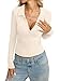 Womens Cotton Polo Collared Shirt Long Sleeve Sexy Deep V Neck Top Button Up Slim Fitted Tee Business Casual Outfit Cream White S