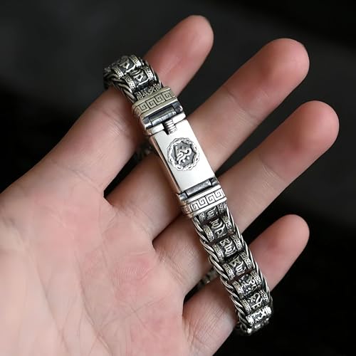 Sterling Silver Six Words Mantra Bracelet - Buddhist Om Symbol & Greek Key Design, Engraved Braided Chain for Men/Women, Antique Finish Meditation Jewelry Gift with Secure Clasp3