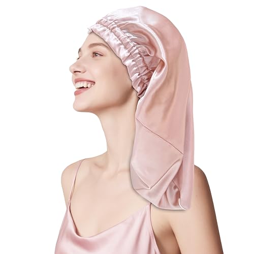townssilk Gorro de noite de seda 100% amoreira 22 momme, para mulher, luxuoso, respirável, permanece a noite toda e sem pressão, ideal para cabelos compridos e encaracolados, DustyPink 58 cm
