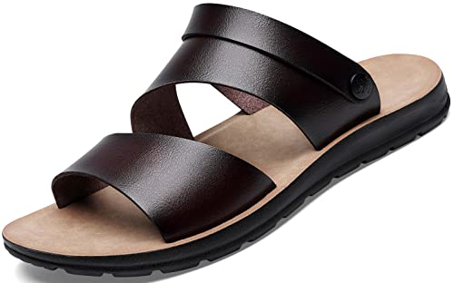Huohuli Men's Sandals Leather Comfort Outdoor Slide Sandals Open Toe Slip-On Sandals Dark&Brown 38 #TOP1