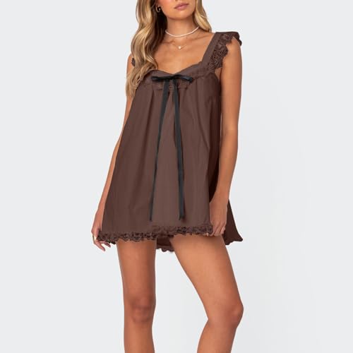 Image of Women Y2K Babydoll Mini Dress Cute Bow Lace Trim Pleated Ruffle Short Sundress Casual Party Vacation One Pieces