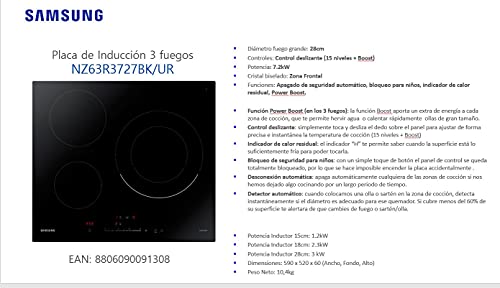 Samsung NZ63R3727BK/UR Plaque à induction 3 feux Noir Détecteur automatique de poêle Indicateur de chaleur résiduelle Fonction d'augmentation de puissance Contrôle de température intuitif