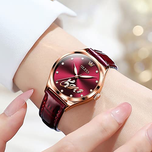 Olevs Women Watch With Date Luxury Rose Red Leather Watch For Women Waterproof Lady Wrist Watch Analog Dress Stainless Steel Female Watch Luminous Calendar Ladies Watch Love Dial #TOP2