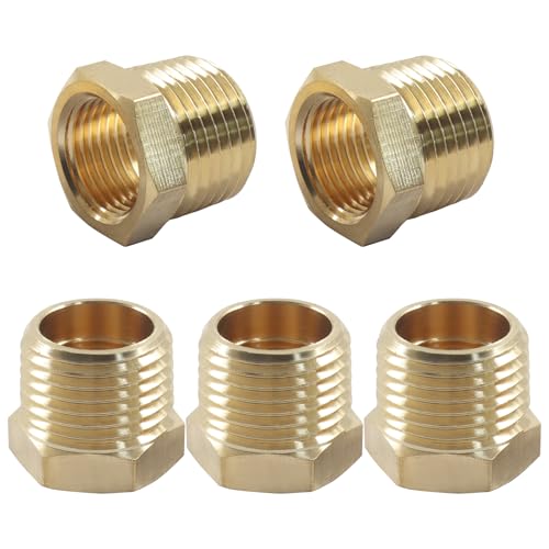 Cionyce 5 Pcs 1/2\" NPT Male x 3/8\" NPT Female Brass Reducer Hex Bushing Threaded Pipe Fitting, Brass Fitting Pipe Hose Tube Adapter Convert