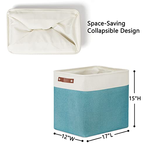 Image of DULLEMELO Large Collapsible Storage Basket /Bin with Sturdy Leather Handles, Fabric Organizer Bin for Storage Clothes, Toys, Books, Office, Bedroom, Closet, Nursery & Laundry (White&Teal)
