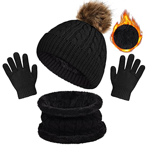 Yuson Girl Bonnet Enfant Hiver Tricoté Tour de Cou Chaud Enfant Gants Hiver Ensemble Set de 3 Pièces Enfant Ensemble Chapeau Hiver Bonnet Écharpe Gant Tricot Doublure Épaisse(2-5 ans) (Noir) Cover