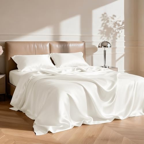 Image of Love's cabin Full Size Satin Sheet Sets - 4 Piece Ivory Silky Sheet Set Full with Deep Pocket, Luxury Silk Feel Bed Sheets Full Bedding Set (1 Flat Sheet,1 Fitted Sheet,2 Pillow Cases)
