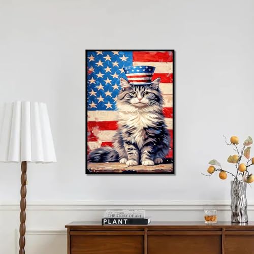 Image of 4th of July DIY 5D Diamond Painting Kits for Adults, American Flag Cat Diamond Art Kits for Adults, Full Round Drill Diamond Painting Independence Day Home Wall Decor 12x16 Inch