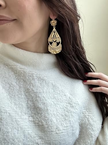 Folklorico Mexican Filigree Gold Earrings - Traditional Jewelry from Oaxaca, Flower Tear Drop, Mexican Earrings2