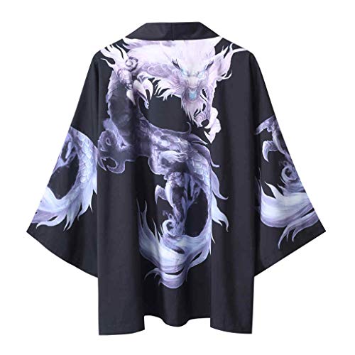 LOOKAA Summer Japanese Five Point Sleeves Kimono Cloak Jacke Top Blouse Sweater for Mens and Womens Black - Thumbnail 2