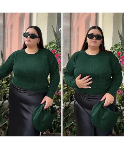 Image of CARCOS Plus Size Sweaters for Women Solid Crew Neck Knit Tops Casual Long Sleeve Pullover Sweater Sparkly Tunic Shirts