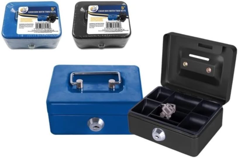 Primes DIY 5inch Cash Box Steel Petty Cash Box Supplied with 2 Keys in Black and Blue Perfect Secure Storage for Loose Change (Black)