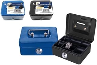 Primes DIY 5inch Cash Box Steel Petty Cash Box Supplied with 2 Keys in Black and Blue Perfect Secure Storage for Loose Change (Black)
