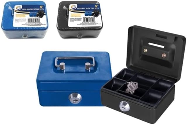 Primes DIY 5inch Cash Box Steel Petty Cash Box Supplied with 2 Keys in Black and Blue Perfect Secure Storage for Loose Change (Black)