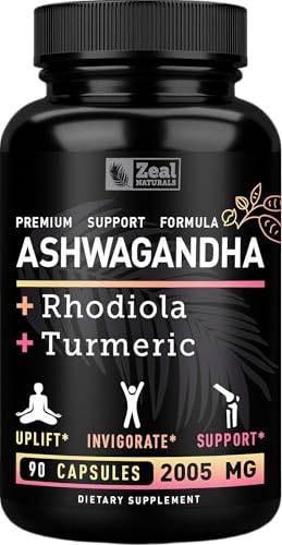Zeal Organic Adaptogenic Ashwagandha Complex | 2005mg 90 Capsules | Organic Ashwagandha Root Powder + Rhodiola Rosea + Turmeric | 3-in-1 Stress Relief Energy & Joint Support Supplement