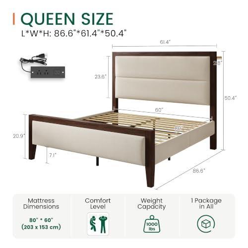 Queen Wood Bed Frame with Upholstered Charging Headboard - Image 2