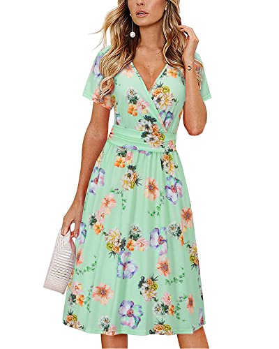OUGES Women's Summer Short Sleeve V-Neck Floral Short Party Dress with Pockets