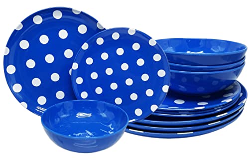 Italia Quality 12Pcs 11" Melamine Dinner Set Blue Polka Dot 4Pcs Bowl+4Pcs Dinner Plate+4Pcs Salad Plate #TOP11