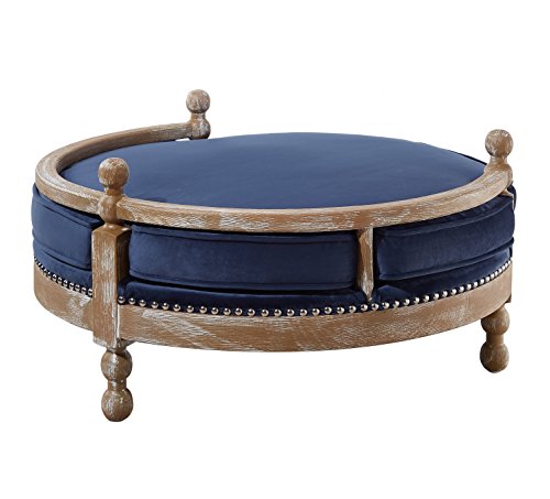 Tov Furniture The Hound Collection Handmade Solid Weathered Oak Frame Pet Dog Bed With Removable Waterproof Velvet Cushion, Navy #TOP2