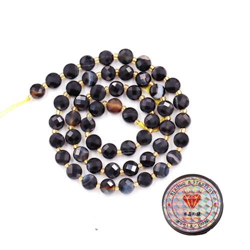 Malahill Gemstone Beads for Jewelry Making, Natural Stone Faceted Coin Beads Black Stripe Onyx 10mm