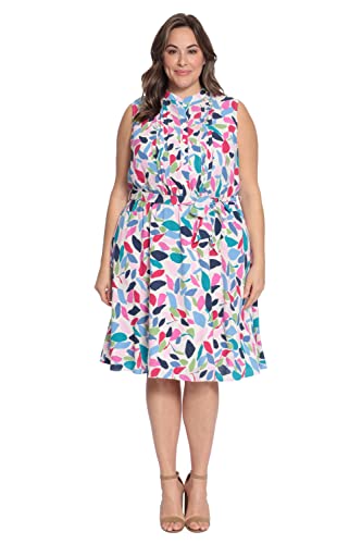 Image of Maggy London Women's Women's Leaf Printed Sleeveless Shirt Dress with Pleated Bodice and Waist Tie