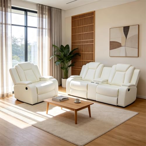 Power Recliner Sofa with LED Light USB Creamy White