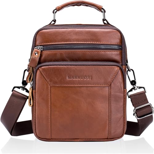 MANNUOSI Bolso de Hombro de Cuero de los Crossbody Bolsa de Mano Messenger Hombre Piel Bolso de Negocios Marrón C