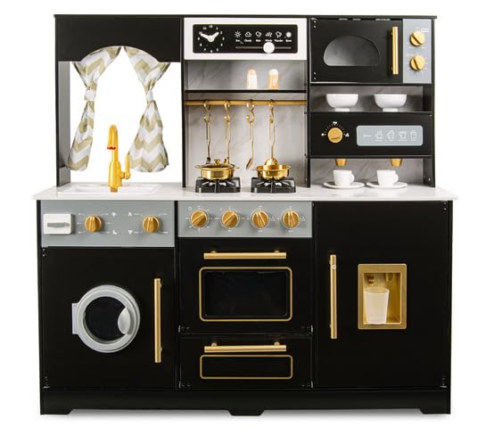 Leomark Cocina de Juguete de Madera Negra con Mármol y Detalles Dorados, Infantil con Luces y Sonidos, Accesorios Incluidos, Grifo, Microondas, Horno, Cafetera, Hielera, Lavadora – 109x102x32 cm