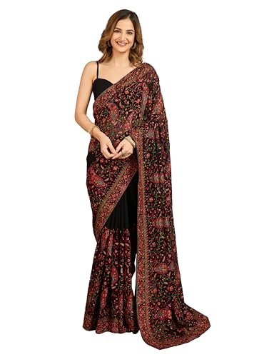 Image of TRENDMALLS Women's Georgette Multi Colour Resham Thread Embroidery with Siroski work Saree with Unstitched Blouse Piece