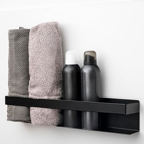 ELMOWO - Premium Edelstahl Handtuchregal ohne Bohren selbstklebend inkl. Spezialkleber (extrem sicherer Halt) - Bad Handtuchhalter Halterung für 5 Handtücher - Handtuch Regal für Badezimmer (schwarz)