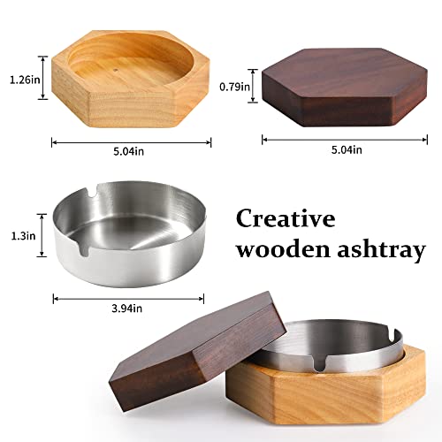 DDAJJAJ Windproof Ash Tray with Lid, Wooden Ashtray with Stainless Steel Liner for Outdoors and Indoors Use, Smoking Ashtray for Home Office - Image 5
