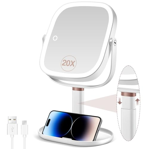 Espejo de maquillaje con iluminación, espejo de aumento de 20 aumentos con 3 luces de colores, espejo cosmético con aumento con interruptor de doble cara, altura ajustable, espejo de aumento con luz