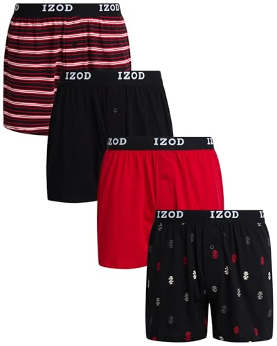 IZOD Men's Boxer Shorts - 4 Pack Classic Knit Underwear Boxers with Functional Fly - Soft Breathable Boxers for Men (M-2XL), Size Large, Black/Black Stripe/Salsa/Black Print